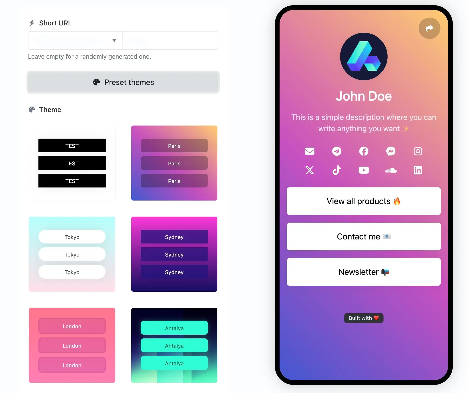 Screenshot of the app biolink editing page